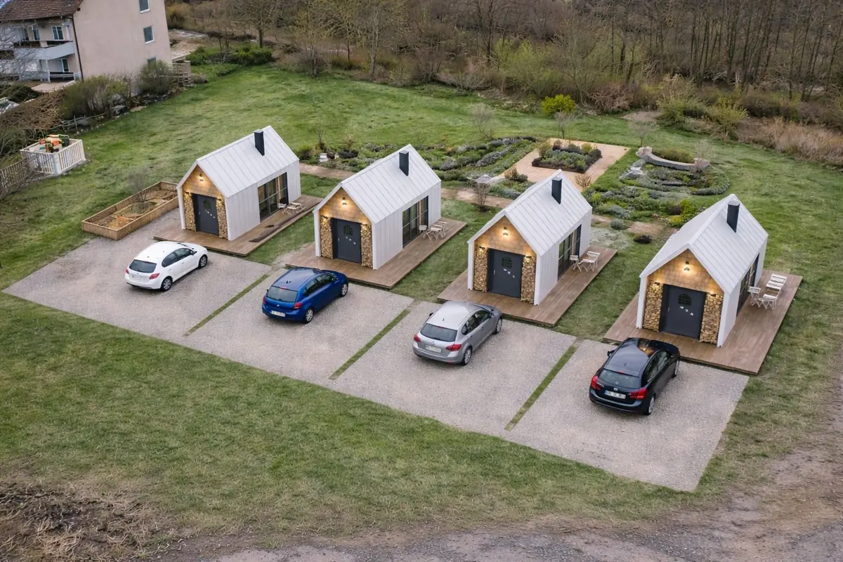 Luftbild einer beispielhaften Tiny-House-Siedlung mit vier Häusern, Stellplätzen und Gärten